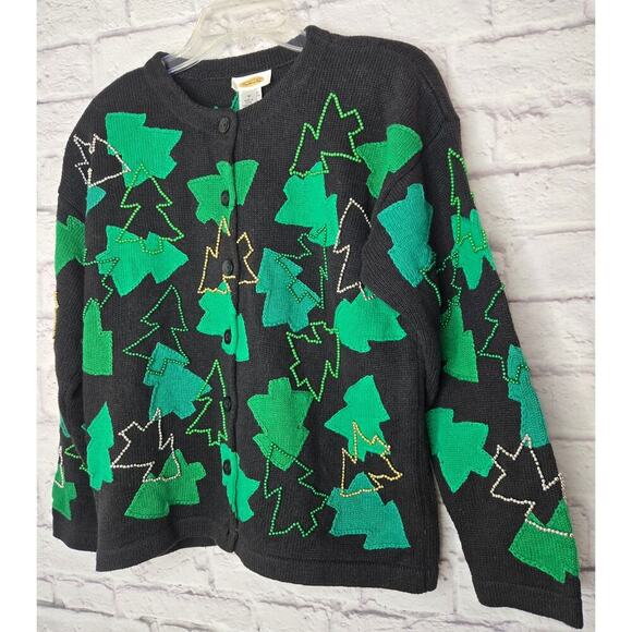 Talbots vintage beaded embroidered Christmas tree sweater cardigan medium. - Picture 2 of 8